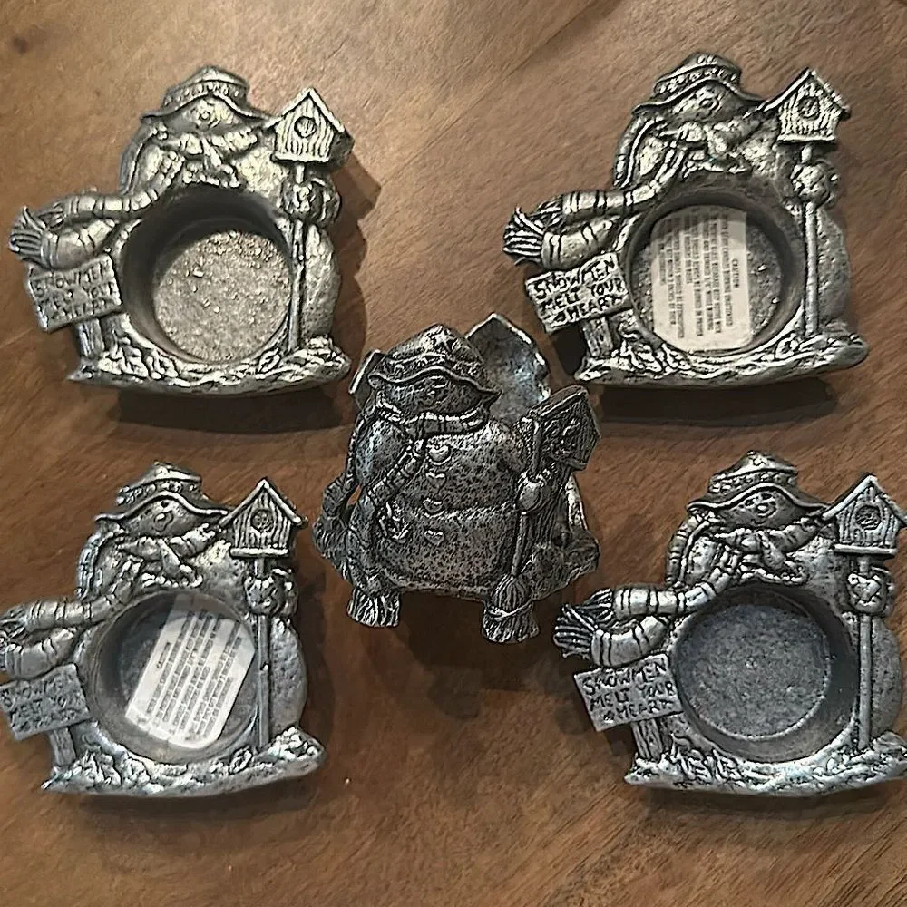 “Snowman Melt Your Heart” Pewter Candle Votive and Four Tealight Holders!